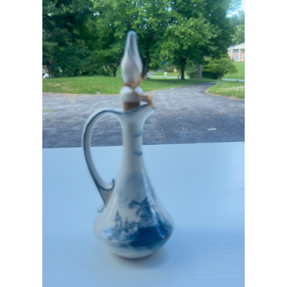 Bols Gin Decanter Vintage Blue White Ceramic Windmill Delft Style Miniature 7.5"